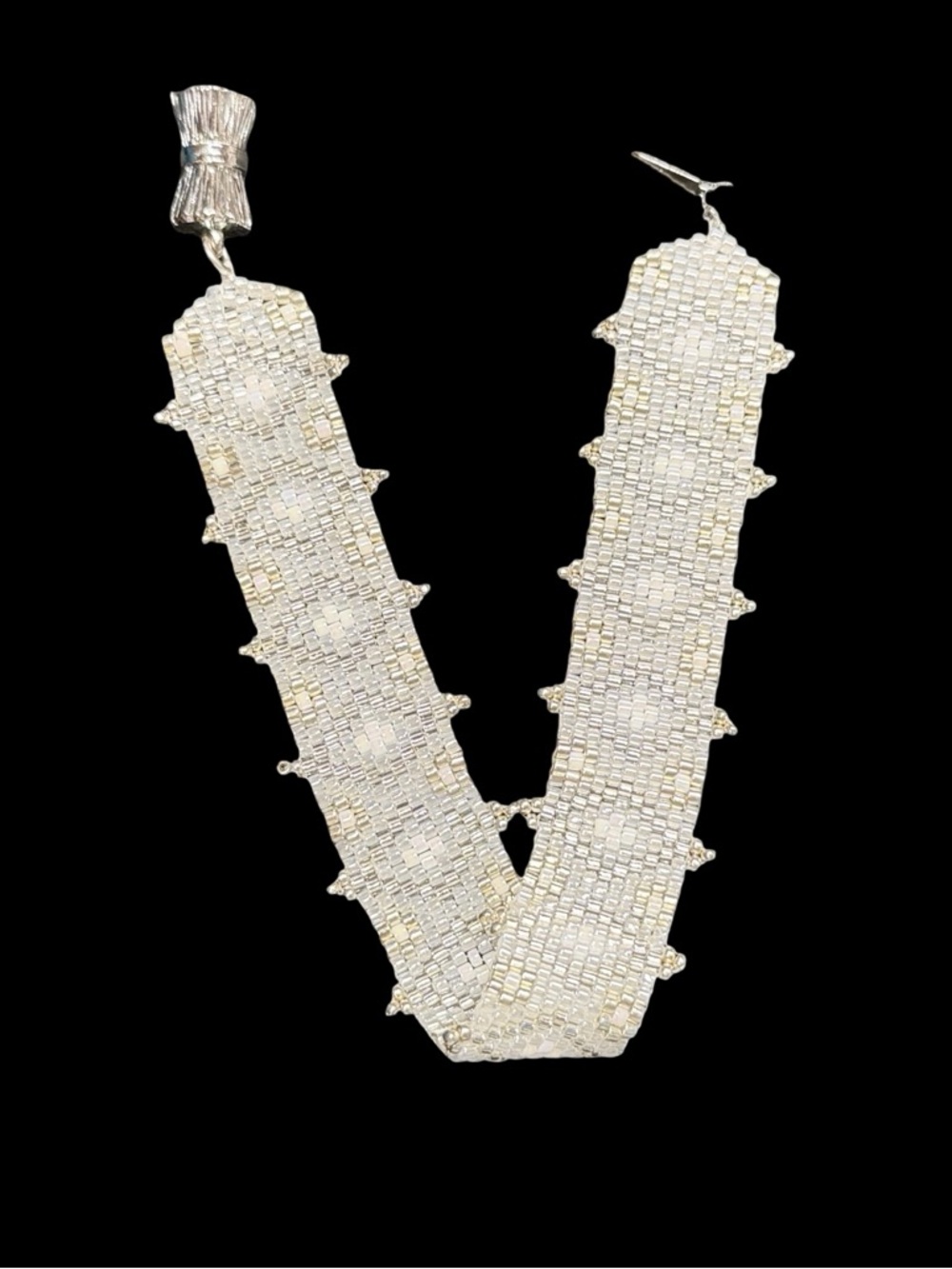Woven Cream Silver Seed Bead Cuff Bracelet – Bridal Jewelry, Rhodium Clasp - Picture 6 of 11